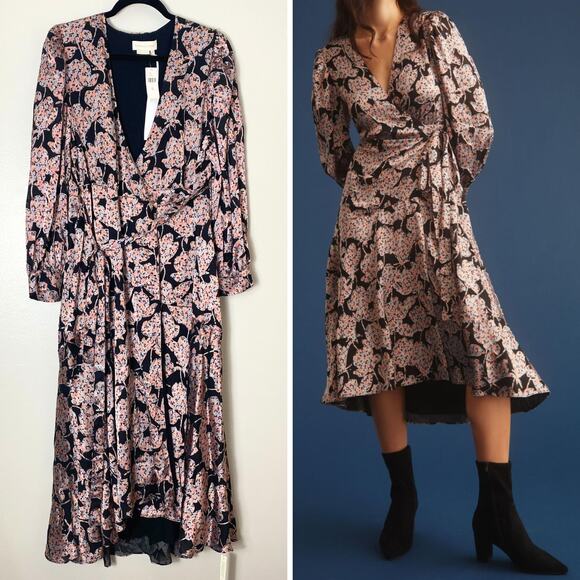 NWT Anthropologie Dress XL Fairy Grunge Midi Cottagecore Metallic Floral Wrap - Picture 1 of 16